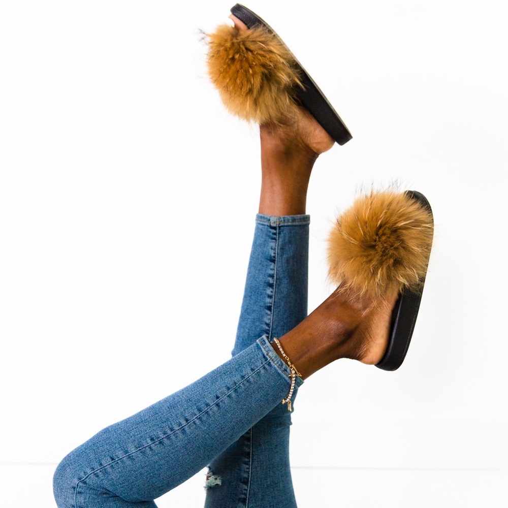 Womens Cute Racoon Fur Slides